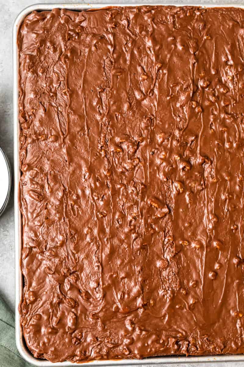 overhead image of texas sheet cake before cutting into squares