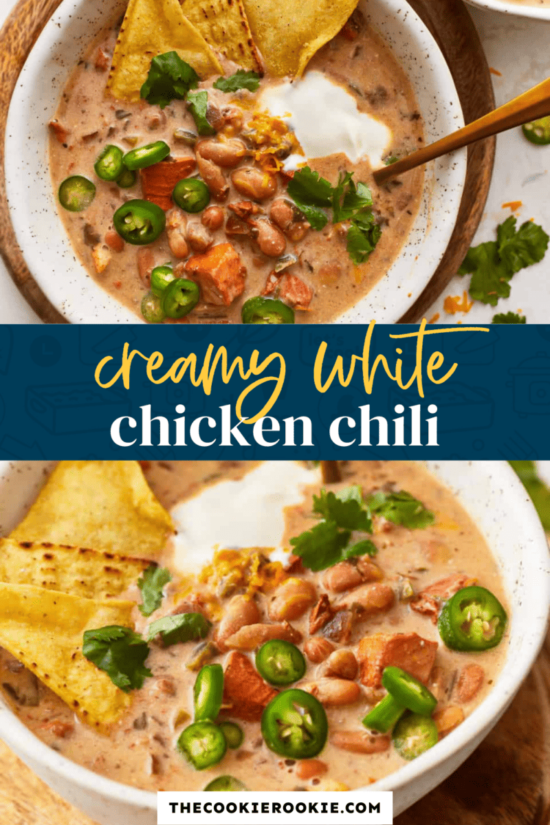 Creamy white chicken chili in two bowls.