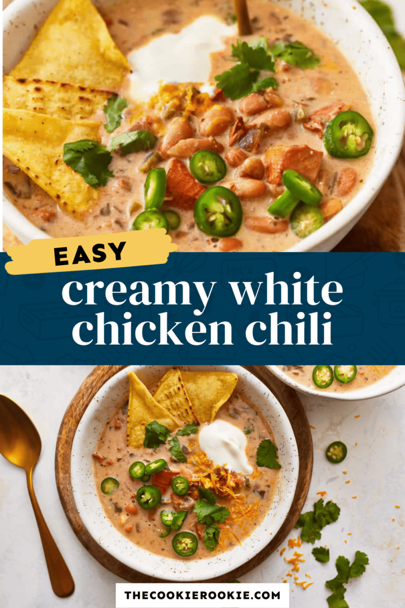 Creamy white chicken chili with tortilla chips.