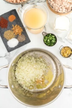large pot on counter top surrounded by bowls of ingredients