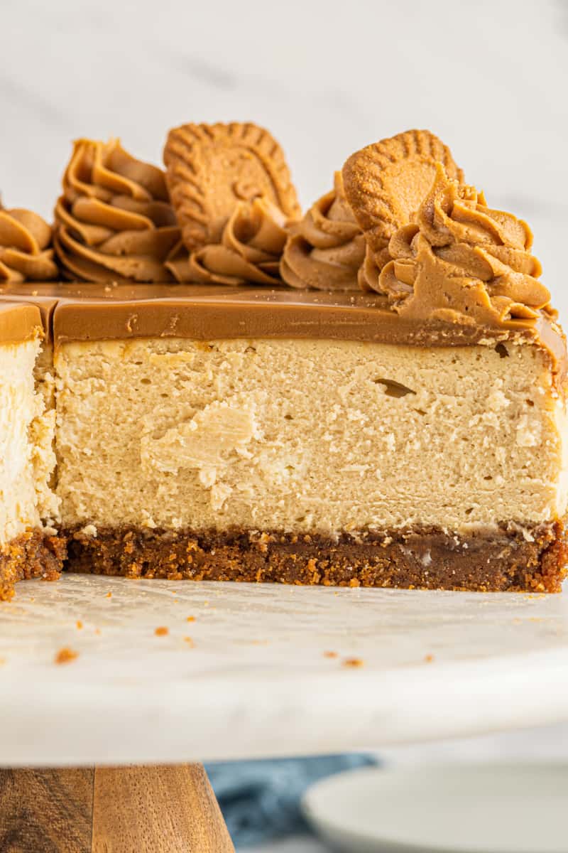 side view of biscoff cheesecake on a cake stand showing the layers