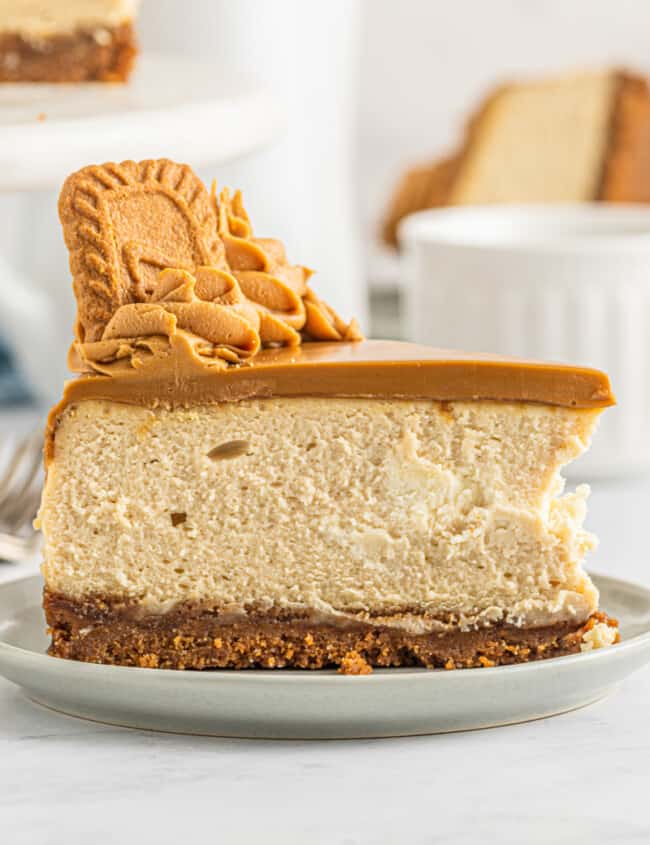 slice of biscoff cheesecake on a plate