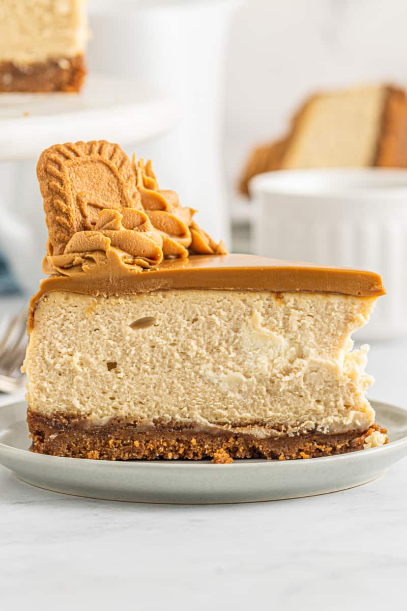 slice of biscoff cheesecake on a plate