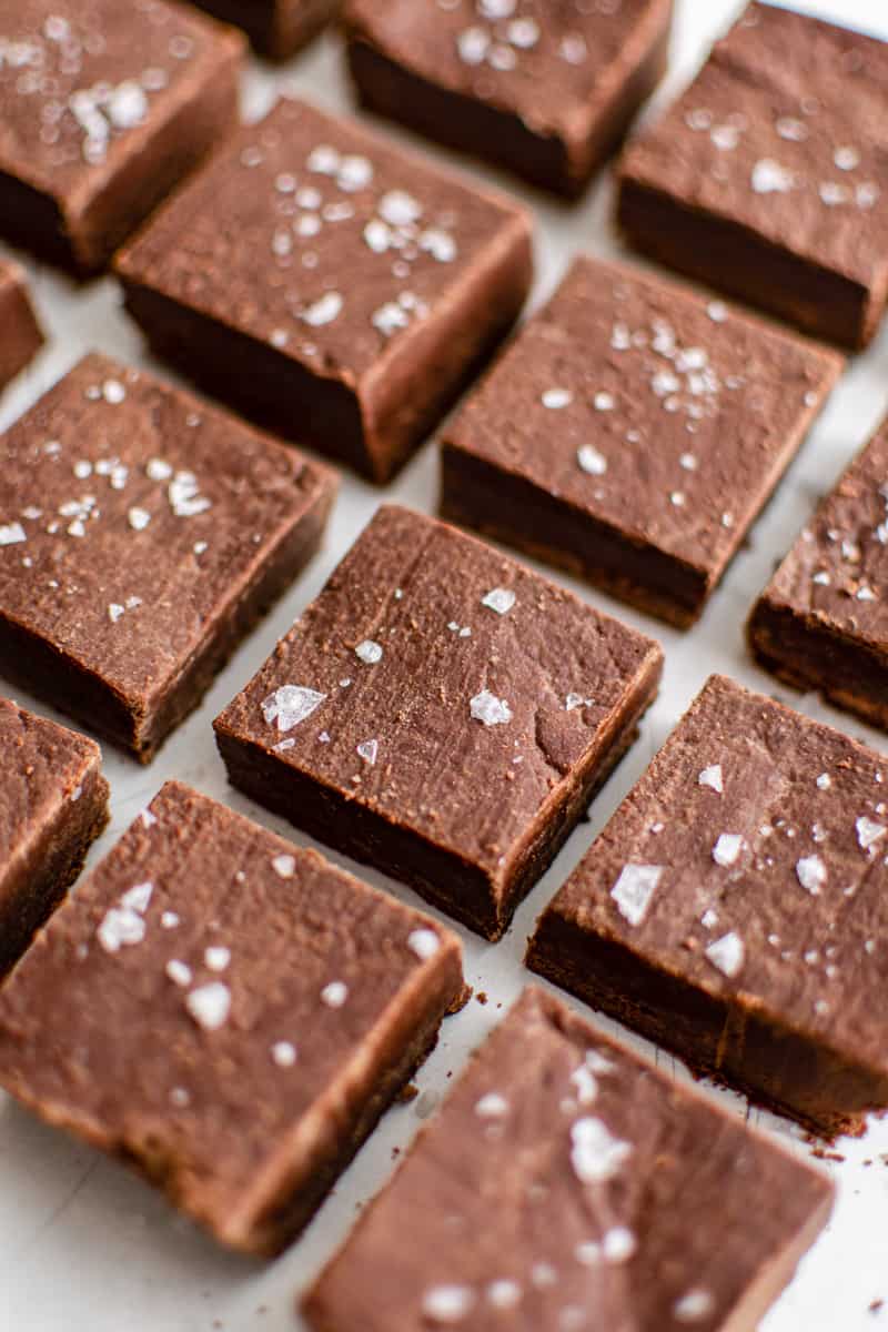 squares of chocolate fudge topped with sea salt