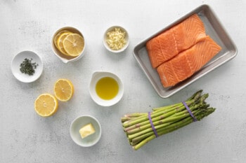 overhead view of ingredients for sheet pan lemon salmon.