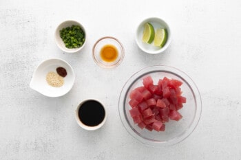 overhead view of ingredients for tuna poke bowls.