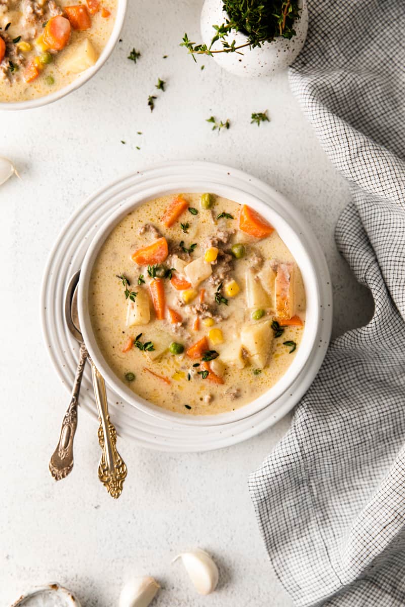 overhead image of shepherd's pie soup in a white bowl