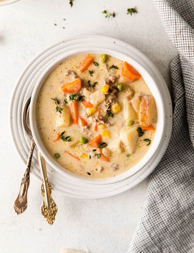 overhead image of shepherd's pie soup in a white bowl