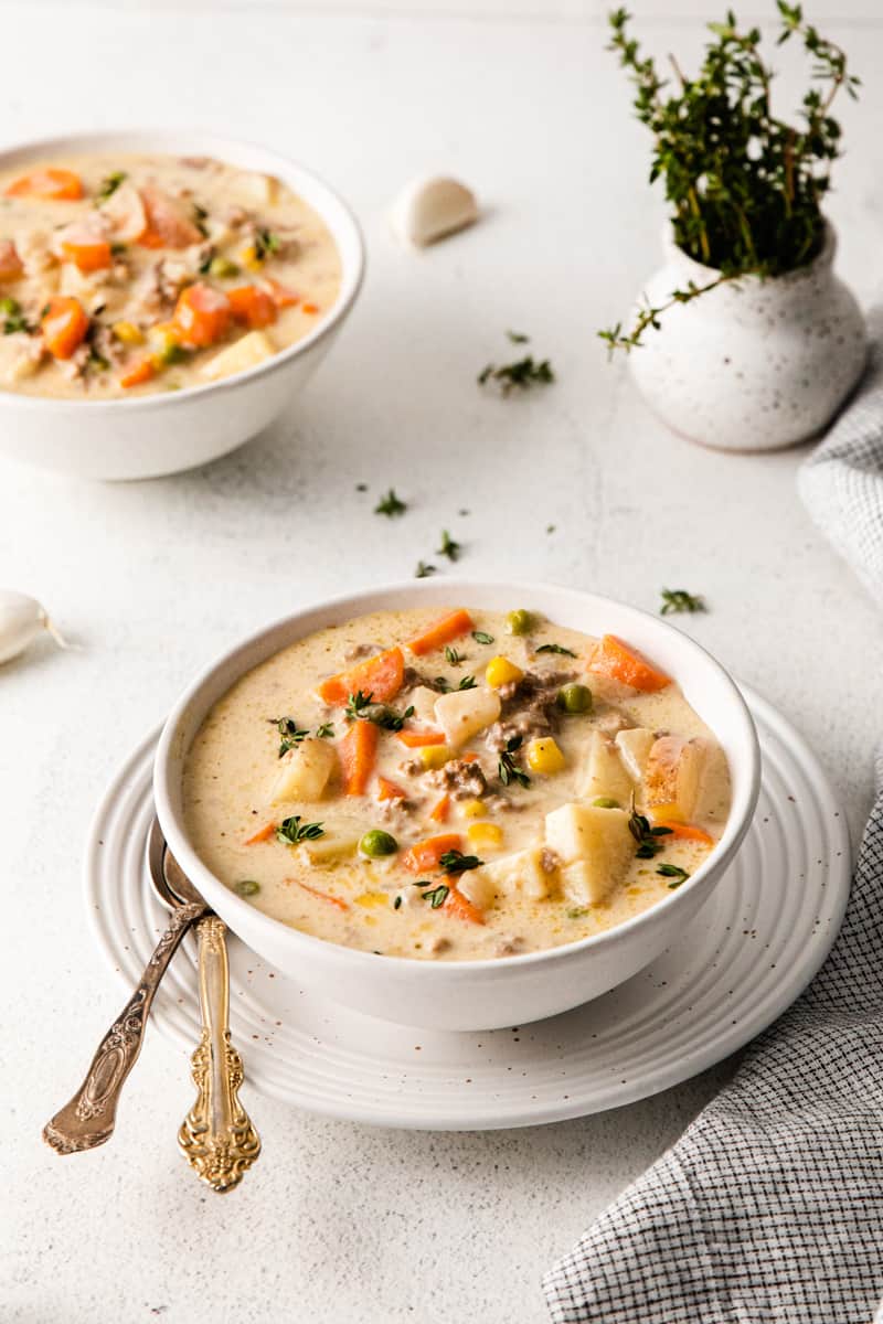 shepherd's pie soup in a white bowl