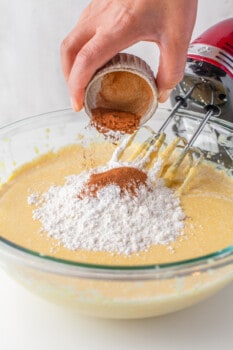 hand pouring cinnamon into cornbread batter