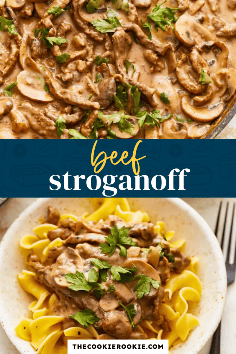 Enjoy a mouthwatering bowl of beef stroganoff brimming with savory mushrooms and served over a bed of perfectly cooked noodles.