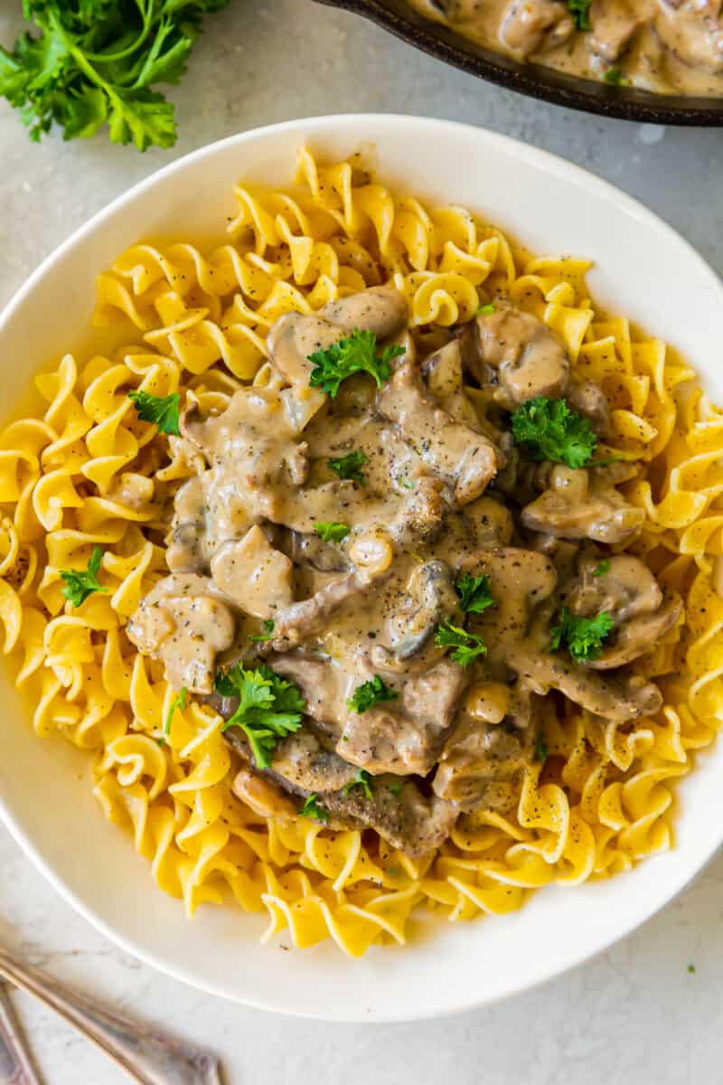 noodles topped with beef stroganoff in a white bowl