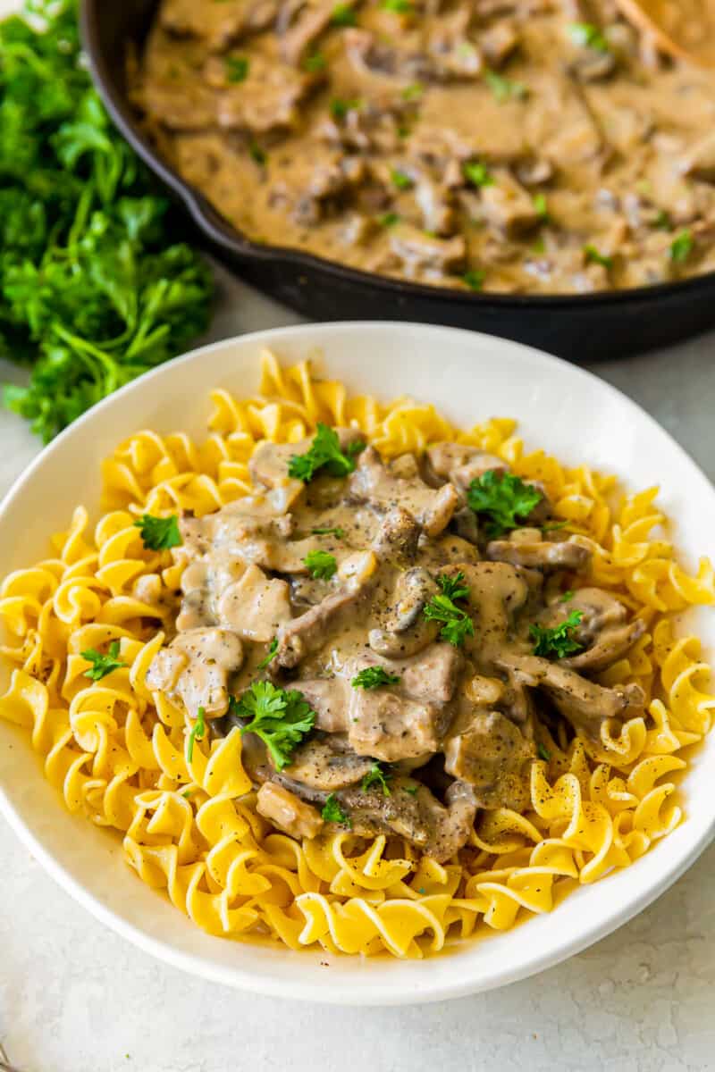 noodles topped with beef stroganoff in a white bowl