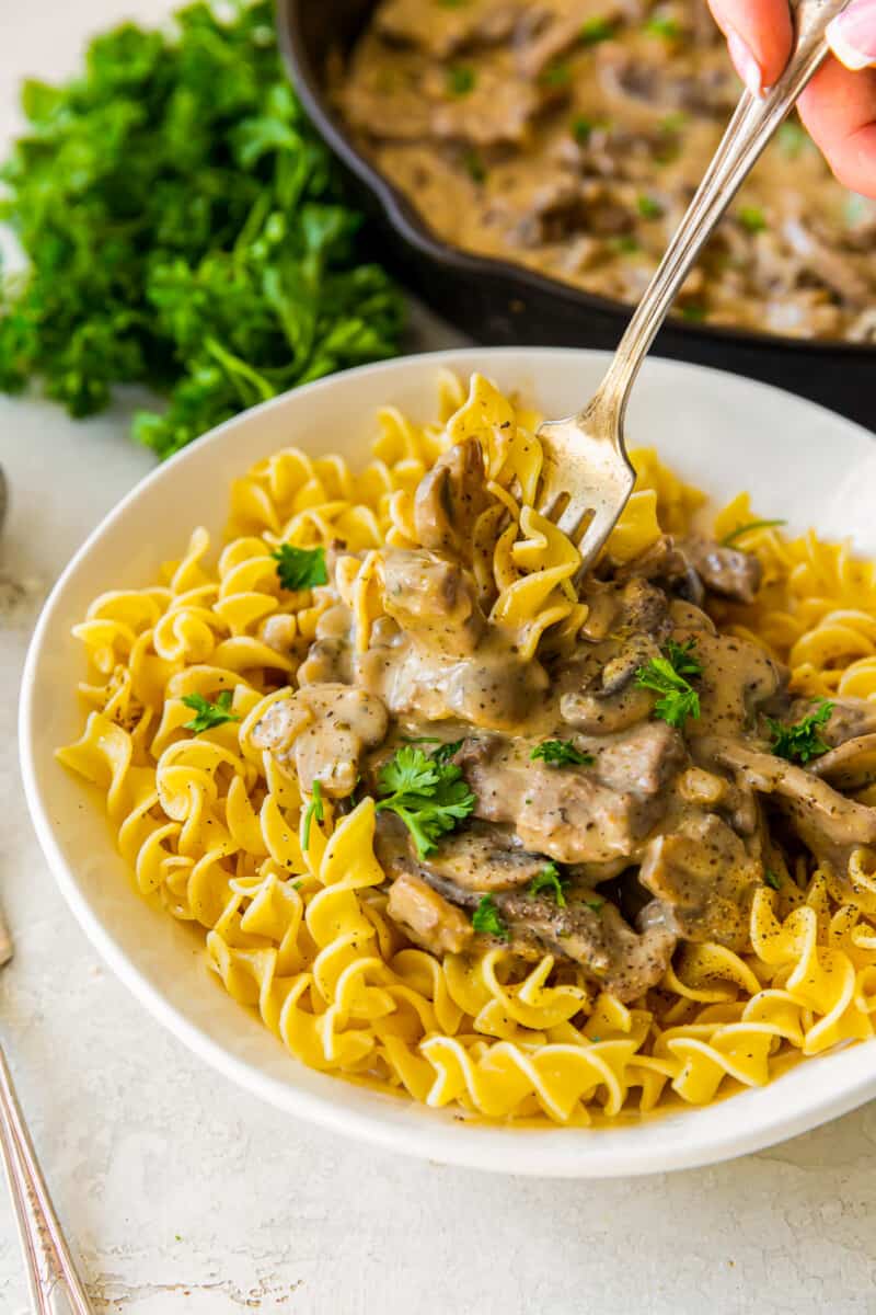 hand holding a fork in a plate of beef stroganoff