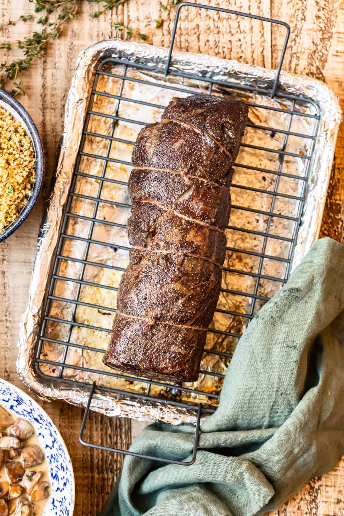 beef tenderloin on a rack after cooking