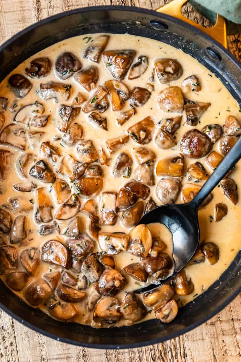 mushroom cream sauce in a skillet with a serving spoon