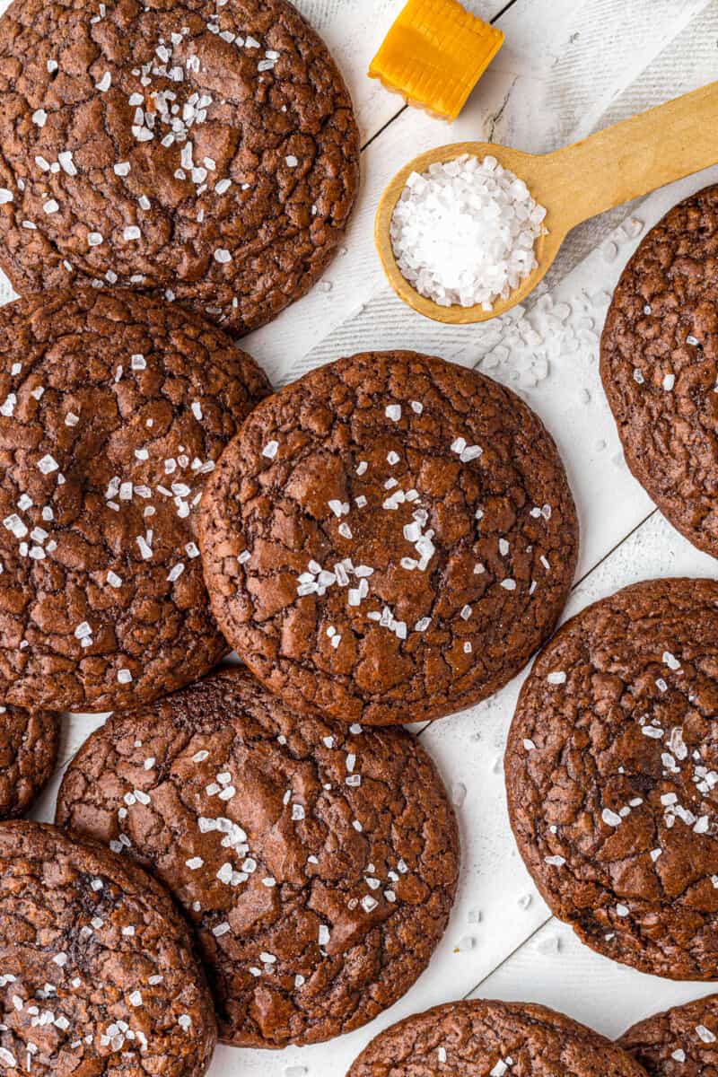 overhead image of chocolate cookies topped with sea salt