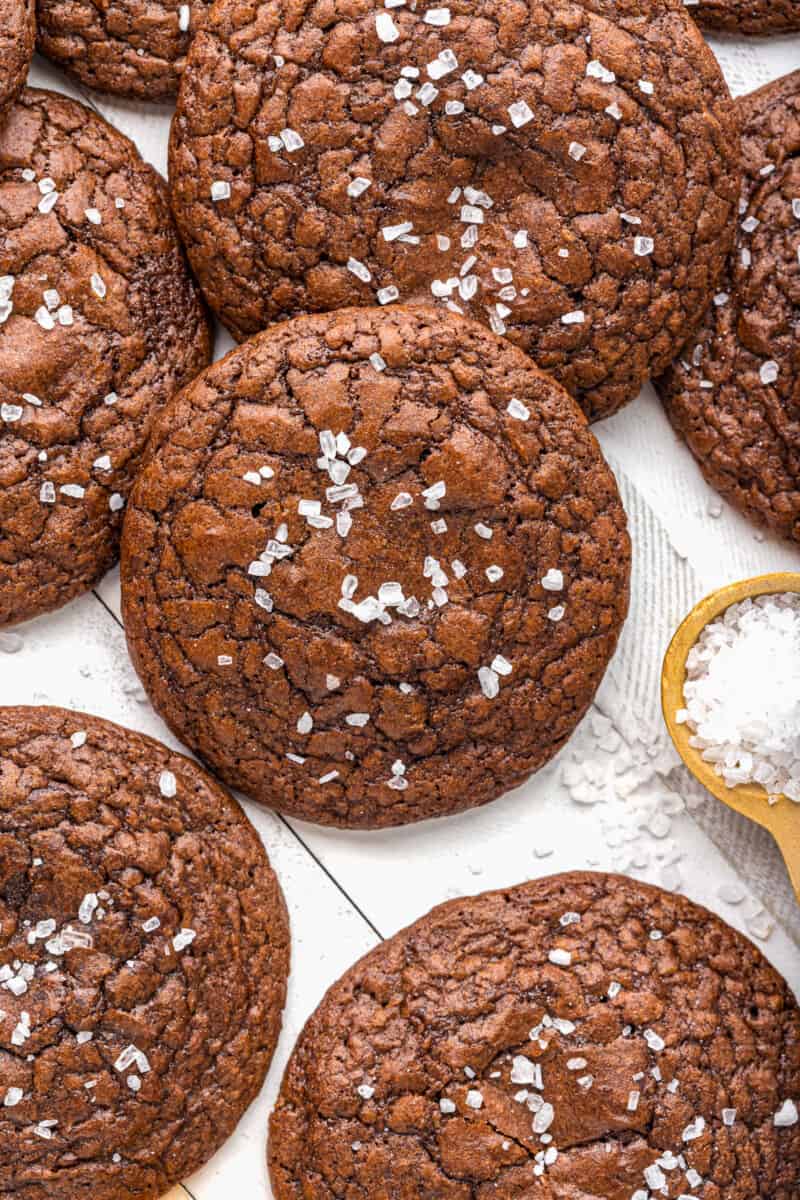 overhead image of chocolate cookies topped with sea salt