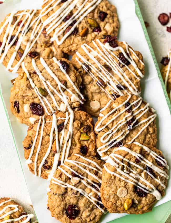 christmas cowboy cookies on a white and green serving tray