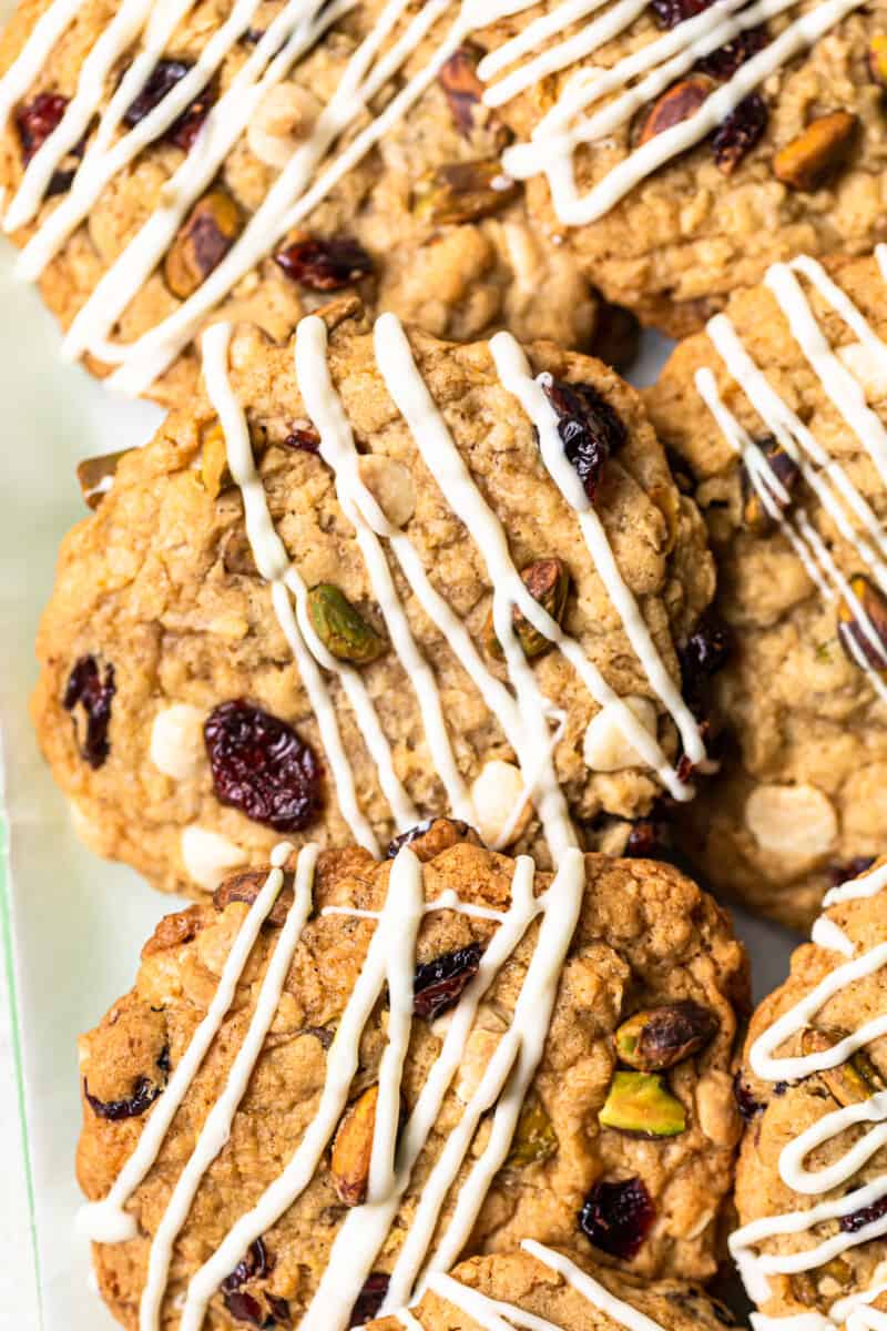 overhead image of christmas cowboy cookies on a white serving tray