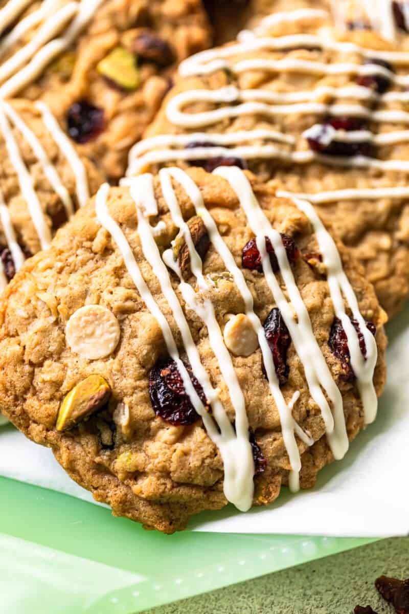 christmas cowboy cookies on a white and green serving tray
