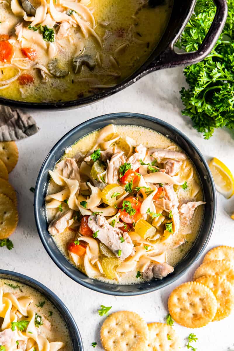 creamy chicken noodle soup in a bowl