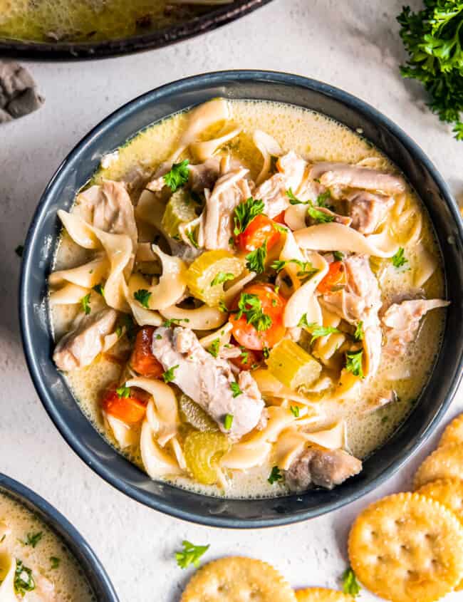 creamy chicken noodle soup in a bowl