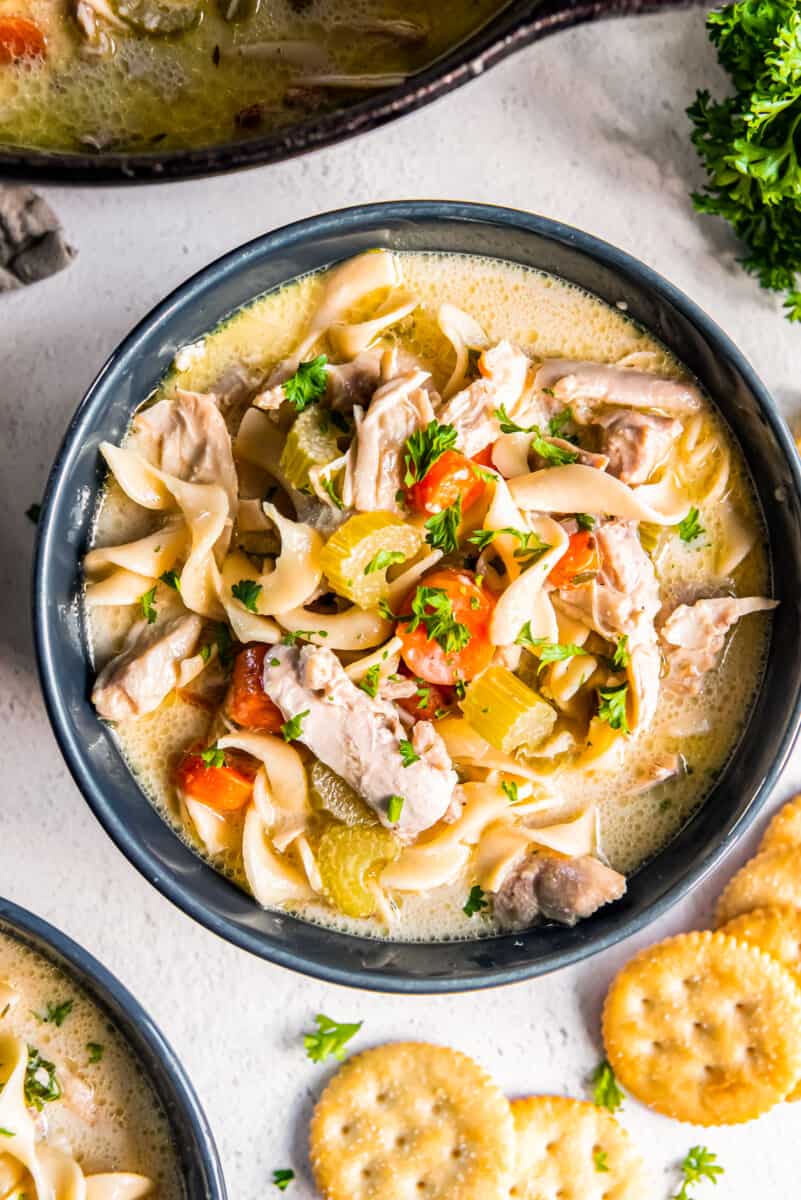 creamy chicken noodle soup in a bowl