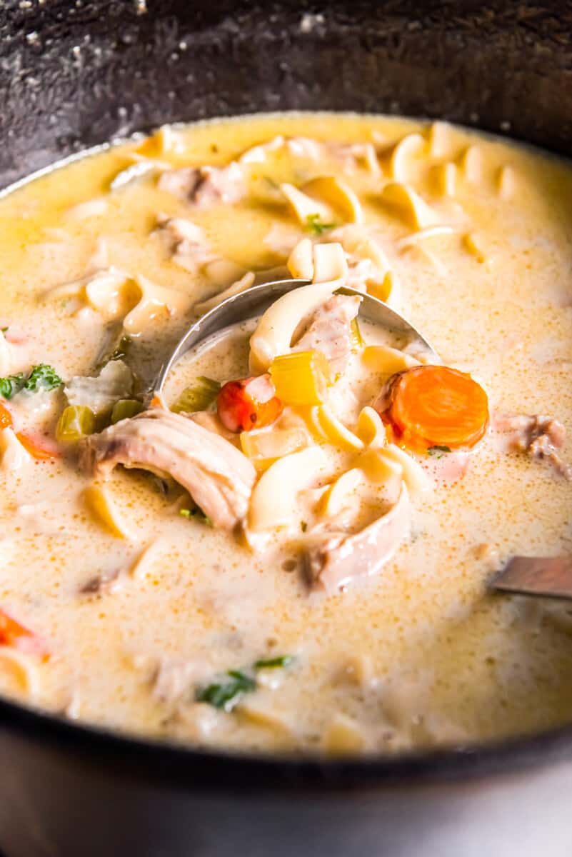 creamy chicken noodle soup in a pot with a ladle