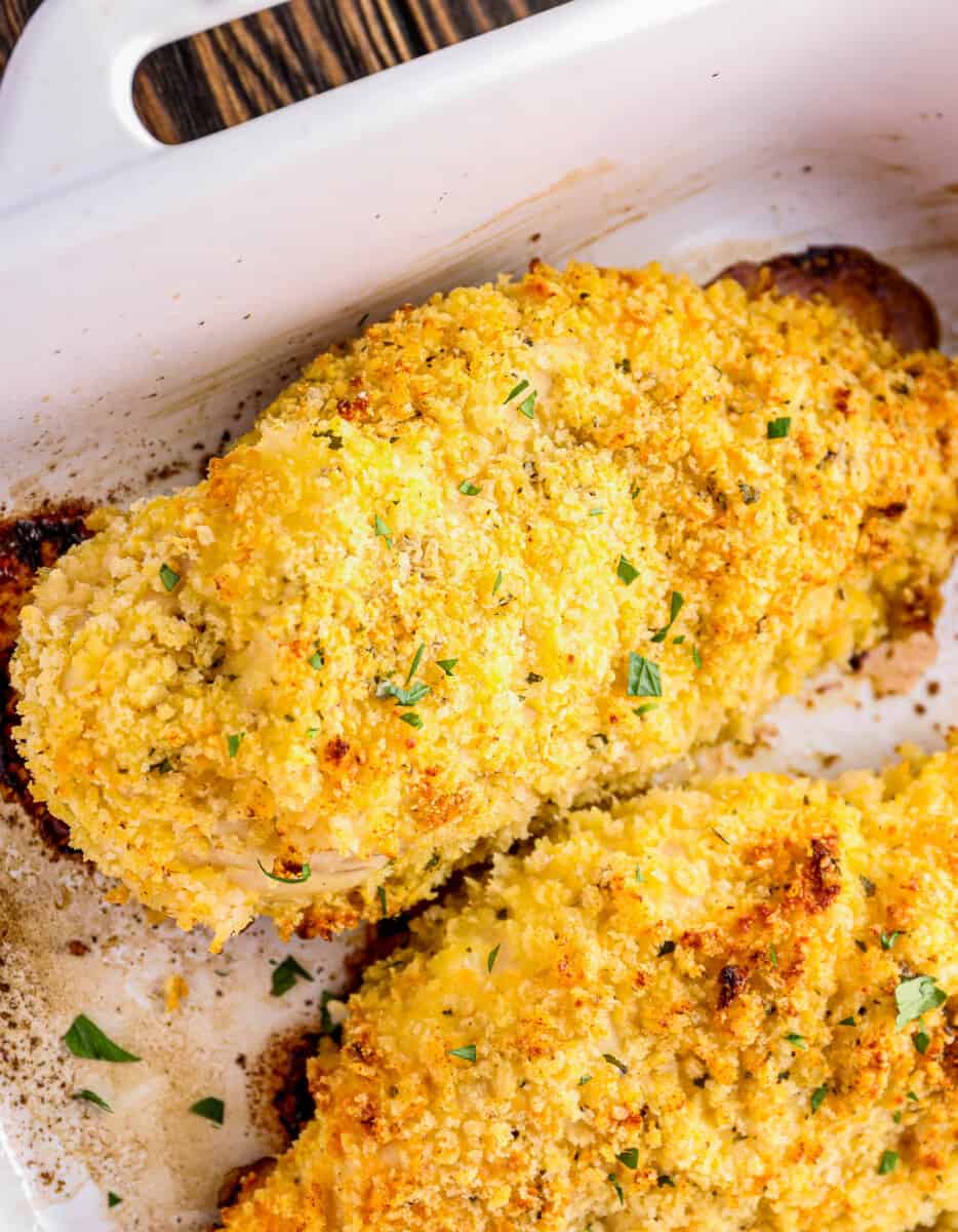 crispy ranch chicken breasts in baking dish