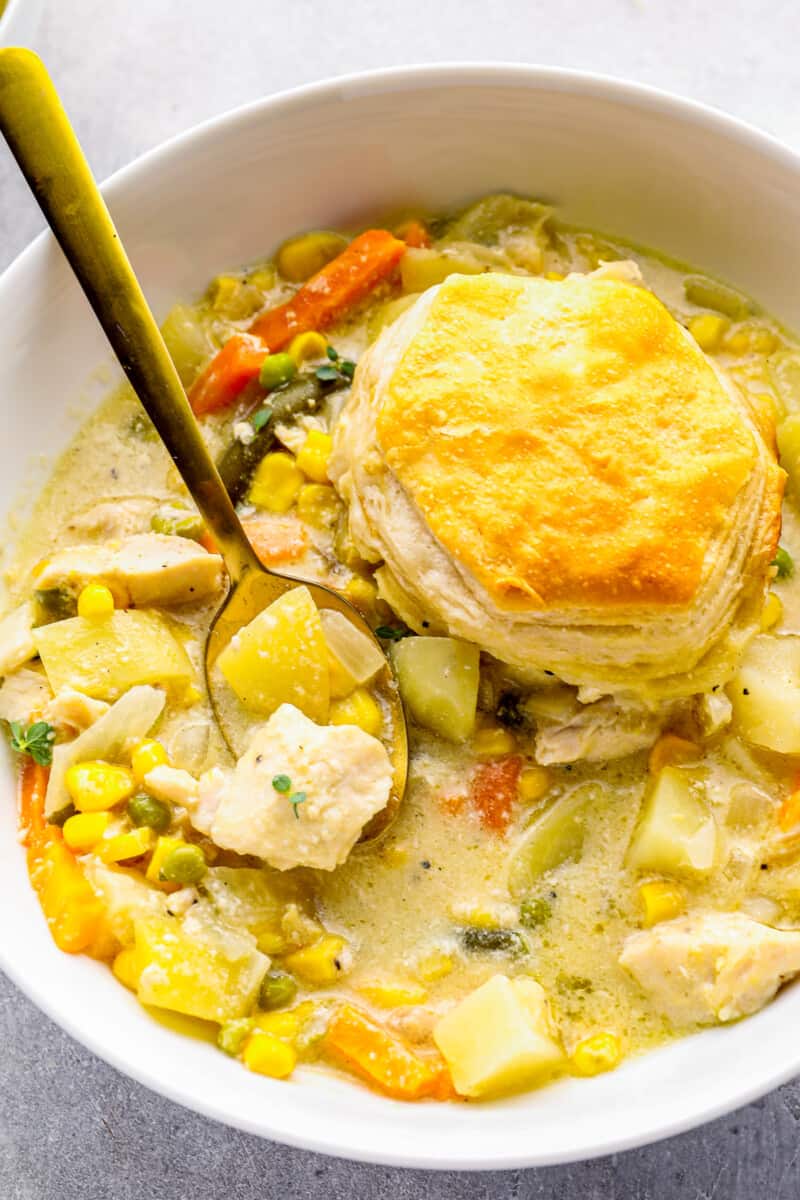 up close bowl of crockpot chicken pot pie