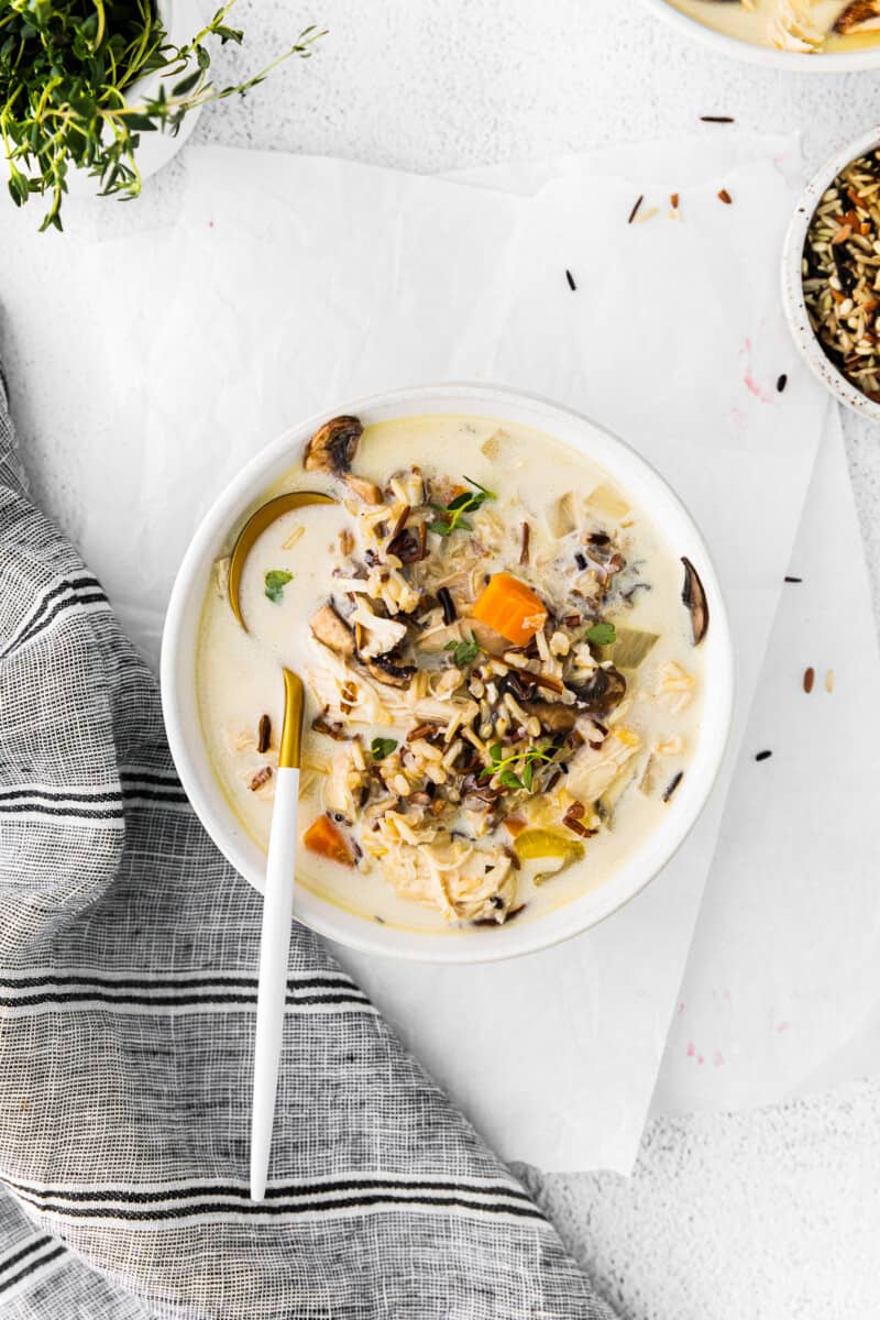 overhead image of crockpot chicken wild rice soup in a white bowl with a spoon