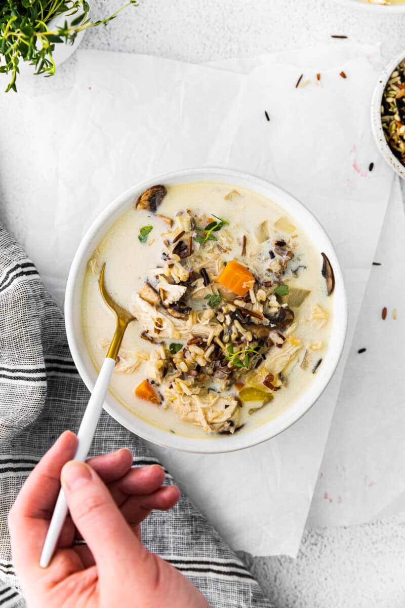 hand holding a spoon in a white bowl of crockpot chicken wild rice soup