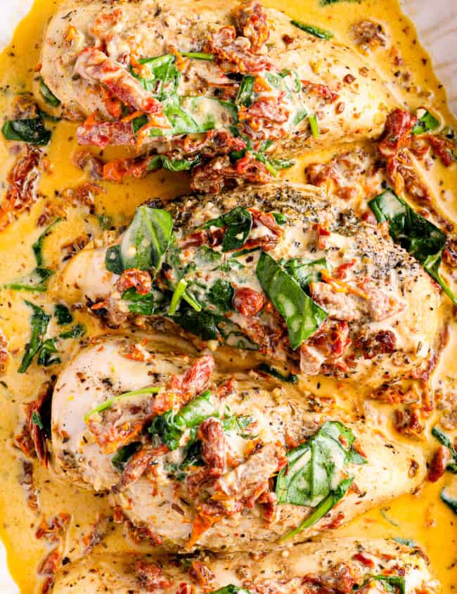 up close platter of crockpot tuscan chicken