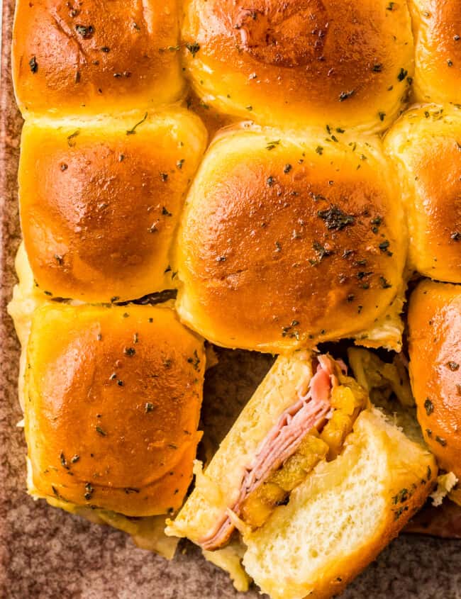 hawaiian ham and cheese sliders on a sheet pan