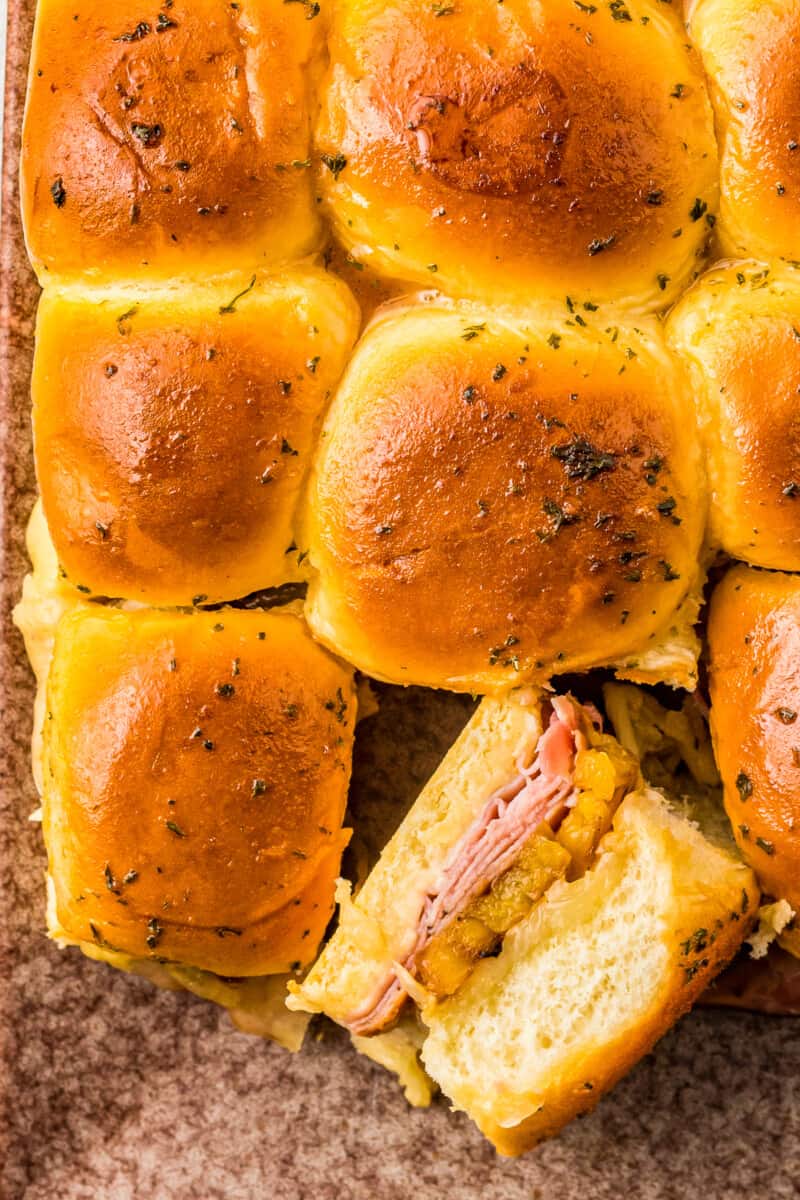 hawaiian ham and cheese sliders on a sheet pan