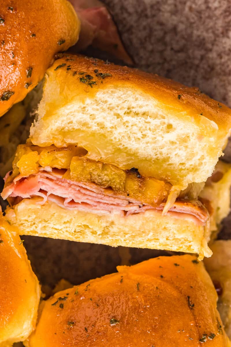 up close inside of hawaiian ham and cheese sliders
