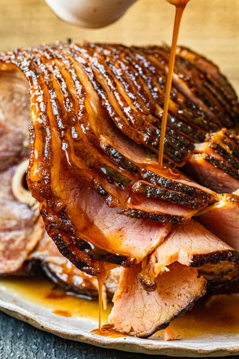 honey baked ham on a serving platter