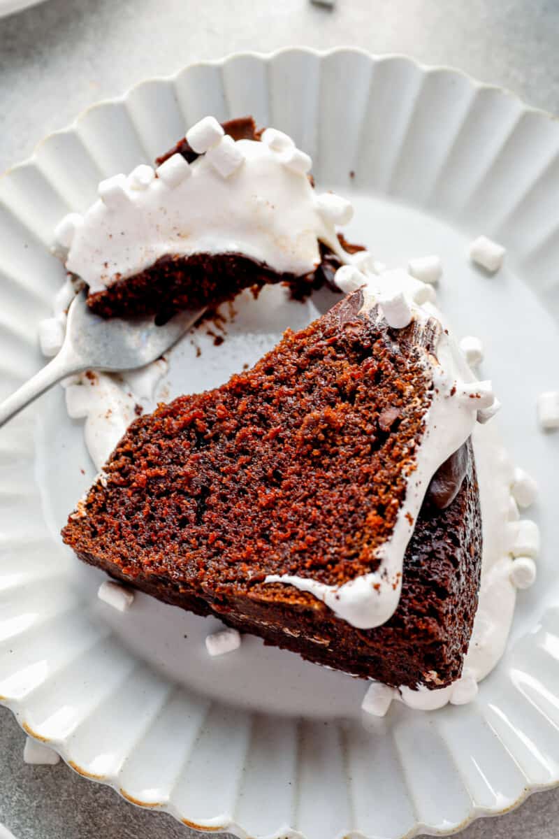 slice of hot chocolate bundt cake on a white plate with a fork