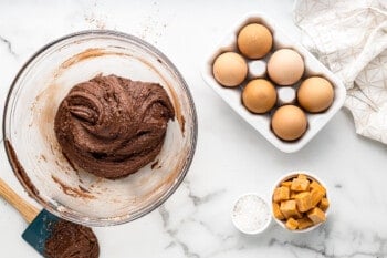 brownie batter cookie dough in a glass bowl