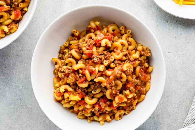 crockpot goulash in a white bowl