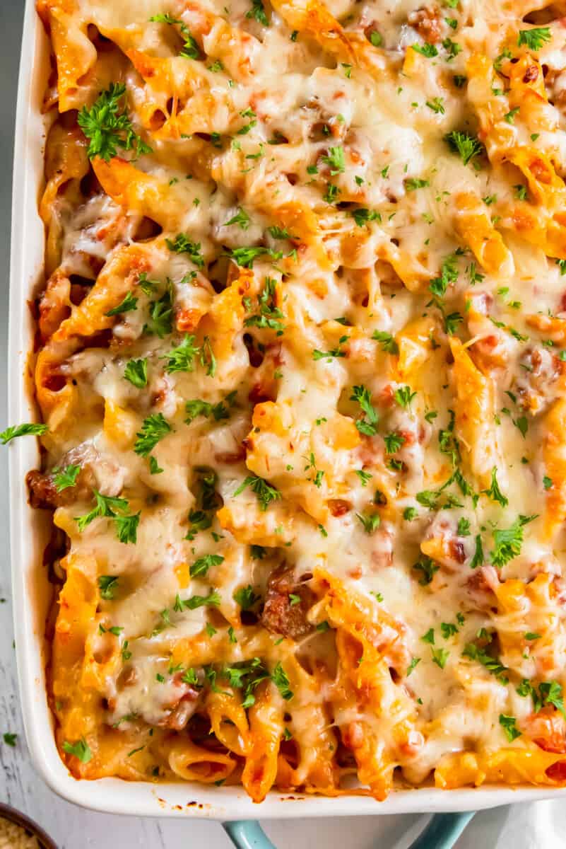 baked mostaccioli in casserole dish