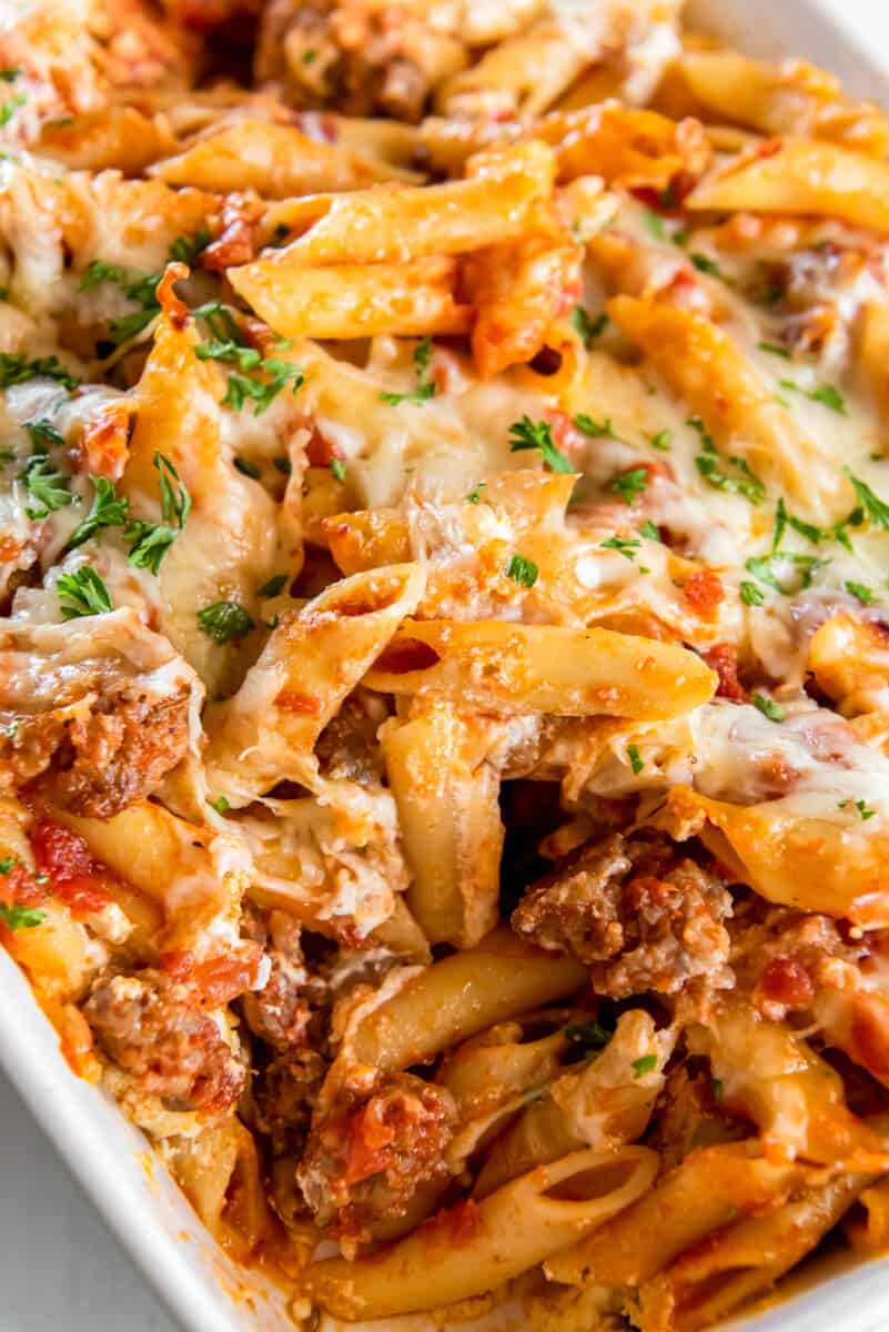 cheesy mostaccioli in baking dish