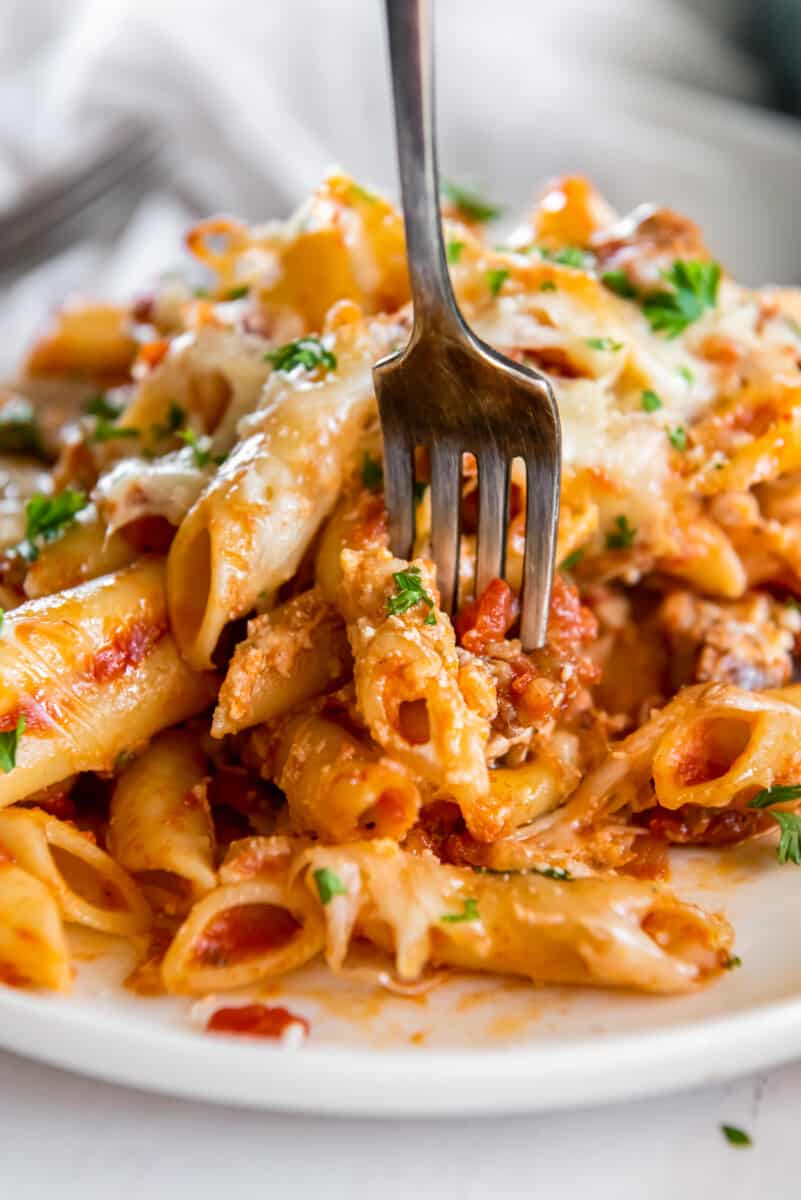 fork digging into mostaccioli