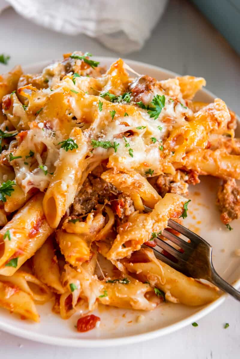 fork digging into mostaccioli