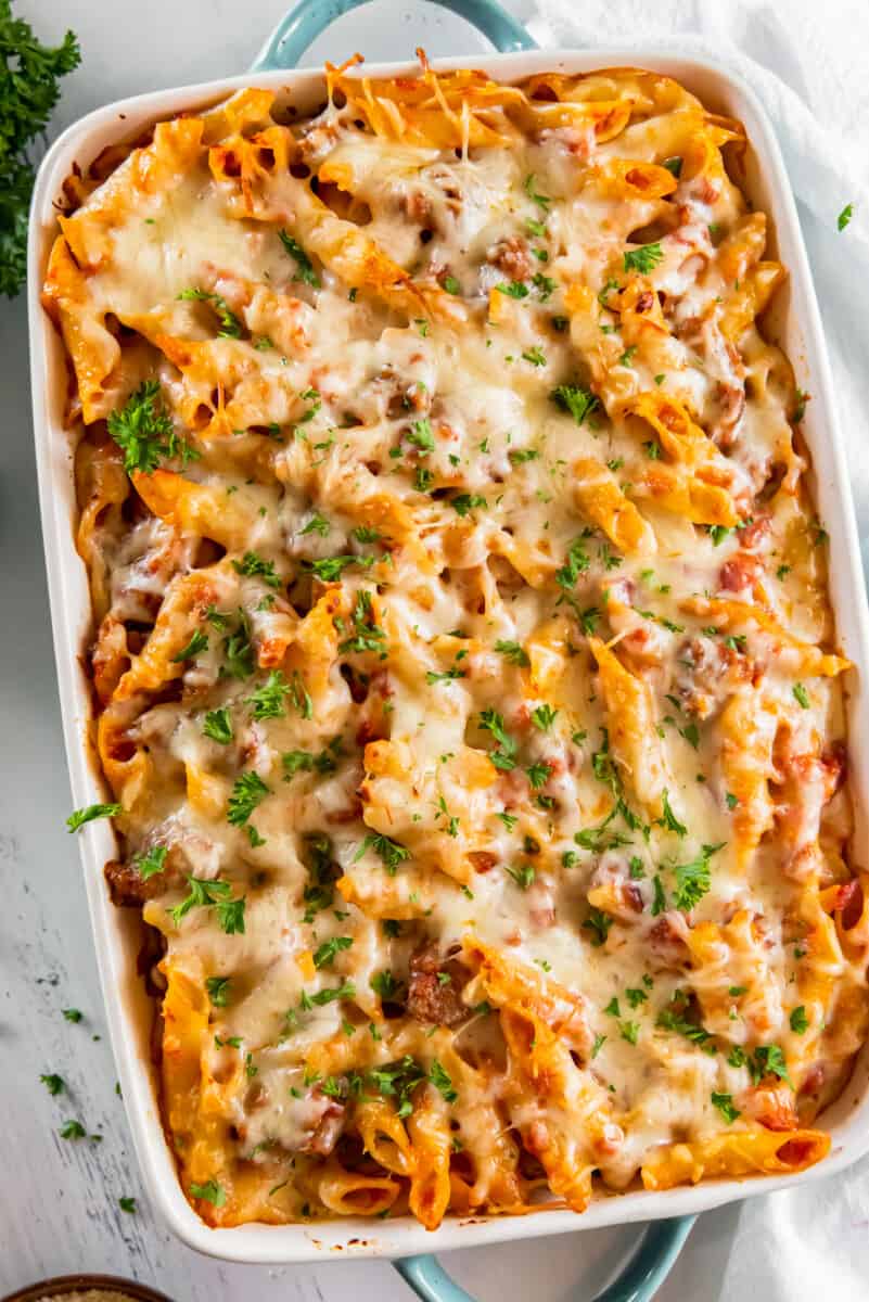 baked mostaccioli in casserole dish with cheese