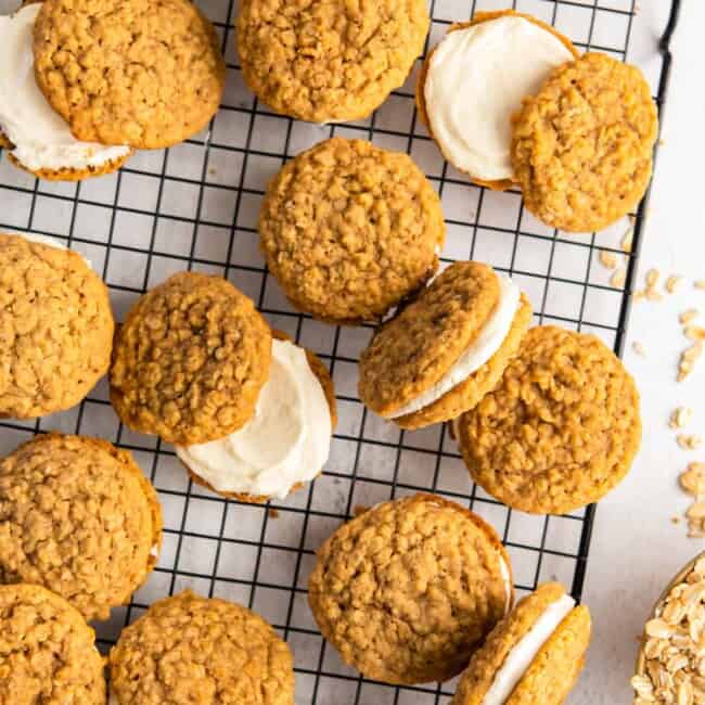 oatmeal cream pies on a cooling rack