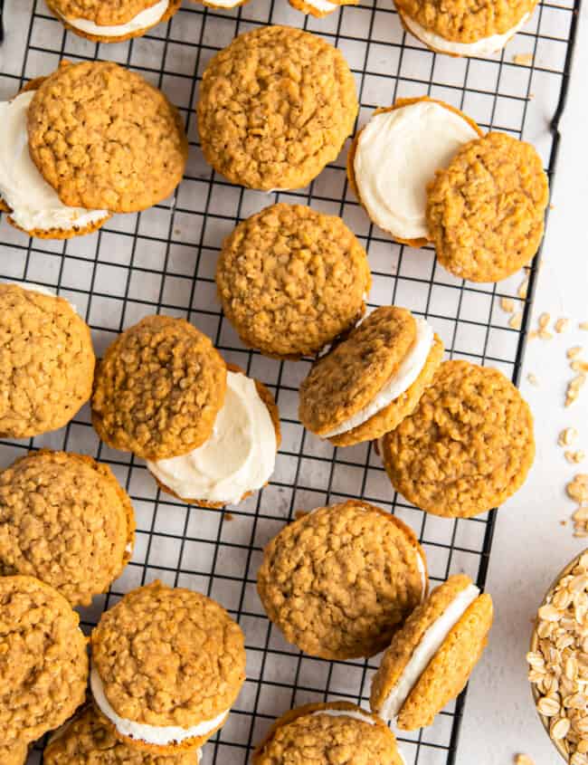 oatmeal cream pies on a cooling rack