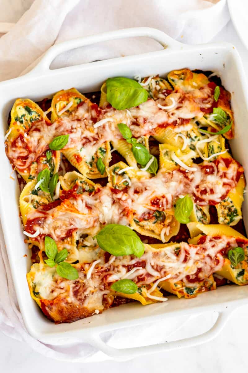 casserole dish with spinach stuffed shells