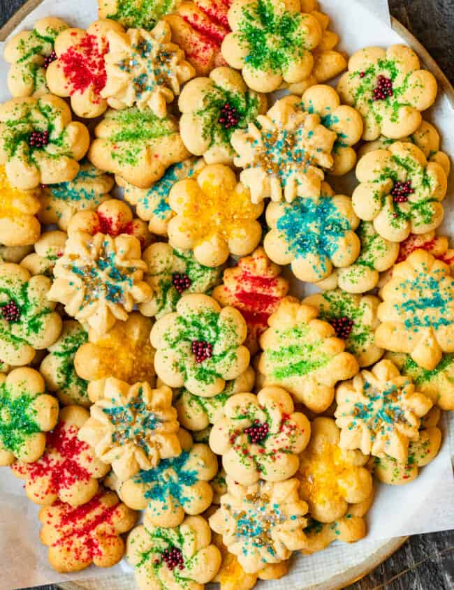 spritz cookies on a white serving platter